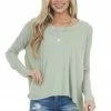 Entro Pistachio Long Sleeve High Low Knit Top With Woven Contrast