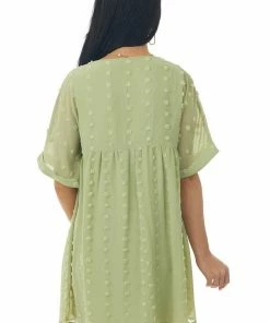 Lush Clothing Pistachio Swiss Dot Babydoll Cuff Sleeve Dress Dresses