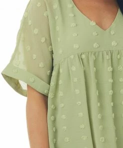 Lush Clothing Pistachio Swiss Dot Babydoll Cuff Sleeve Dress Dresses