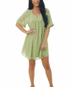 Lush Clothing Pistachio Swiss Dot Babydoll Cuff Sleeve Dress Dresses