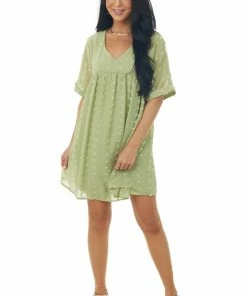 Lush Clothing Pistachio Swiss Dot Babydoll Cuff Sleeve Dress Dresses