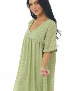 Lush Clothing Pistachio Swiss Dot Babydoll Cuff Sleeve Dress Dresses