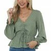 L Love Pistachio Swiss Dot Ruched Puff Sleeve Blouse Tops