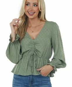L Love Pistachio Swiss Dot Ruched Puff Sleeve Blouse Tops