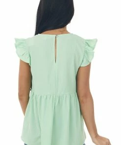 She + Sky Tops Pistachio Textured Babydoll Ruffle Sleeve Top
