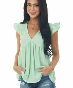 She + Sky Tops Pistachio Textured Babydoll Ruffle Sleeve Top