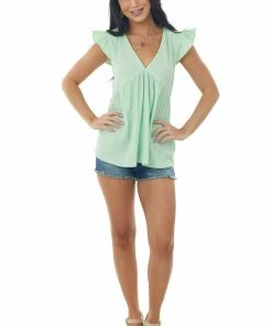 She + Sky Tops Pistachio Textured Babydoll Ruffle Sleeve Top