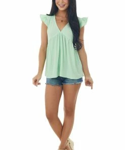 She + Sky Tops Pistachio Textured Babydoll Ruffle Sleeve Top