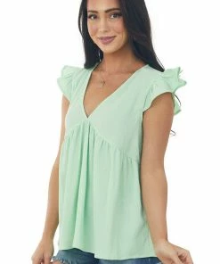 She + Sky Tops Pistachio Textured Babydoll Ruffle Sleeve Top