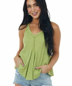 La Miel Pistachio V Neck Raw Edge Ribbed Tank Top