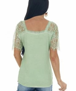 POL Clothing Pistachio V Neck Short Sleeve Top With Lace Detail 12 POL Clothing Pistachio V Neck Short Sleeve Top With Lace Detail