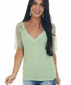 POL Clothing Pistachio V Neck Short Sleeve Top With Lace Detail
