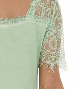 POL Clothing Pistachio V Neck Short Sleeve Top With Lace Detail 13 POL Clothing Pistachio V Neck Short Sleeve Top With Lace Detail
