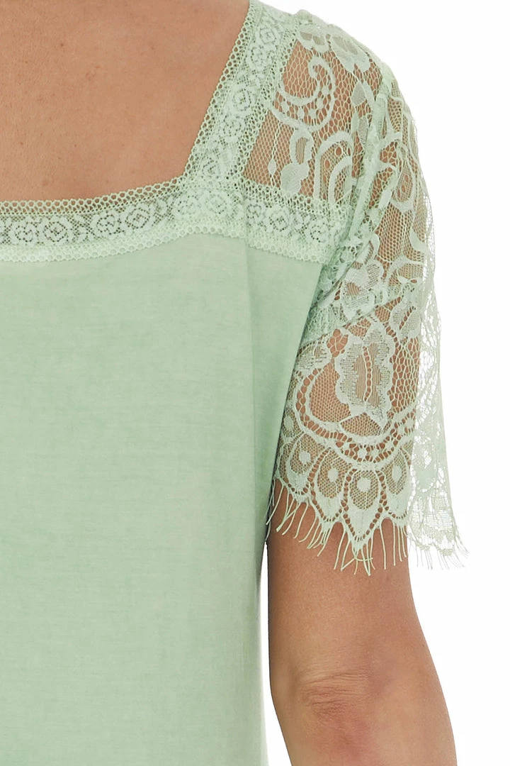 POL Clothing Pistachio V Neck Short Sleeve Top With Lace Detail 8 POL Clothing Pistachio V Neck Short Sleeve Top With Lace Detail