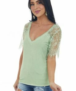 POL Clothing Pistachio V Neck Short Sleeve Top With Lace Detail 11 POL Clothing Pistachio V Neck Short Sleeve Top With Lace Detail