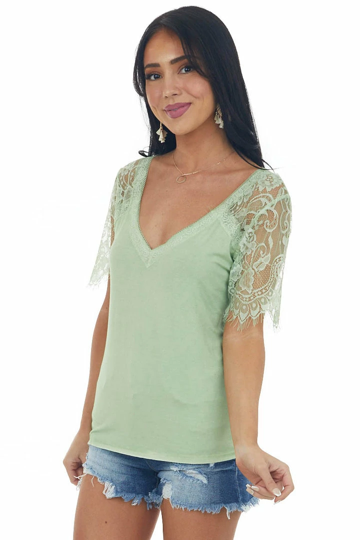 POL Clothing Pistachio V Neck Short Sleeve Top With Lace Detail 6 POL Clothing Pistachio V Neck Short Sleeve Top With Lace Detail