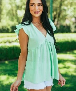 She + Sky Tops Pistachio Textured Babydoll Ruffle Sleeve Top