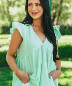 She + Sky Tops Pistachio Textured Babydoll Ruffle Sleeve Top