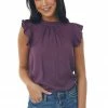 FSL APPAREL Plum High Neck Flutter Sleeve Woven Top Tops