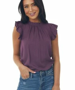 FSL APPAREL Plum High Neck Flutter Sleeve Woven Top Tops