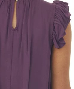 FSL APPAREL Plum High Neck Flutter Sleeve Woven Top Tops 13 FSL APPAREL Plum High Neck Flutter Sleeve Woven Top Tops