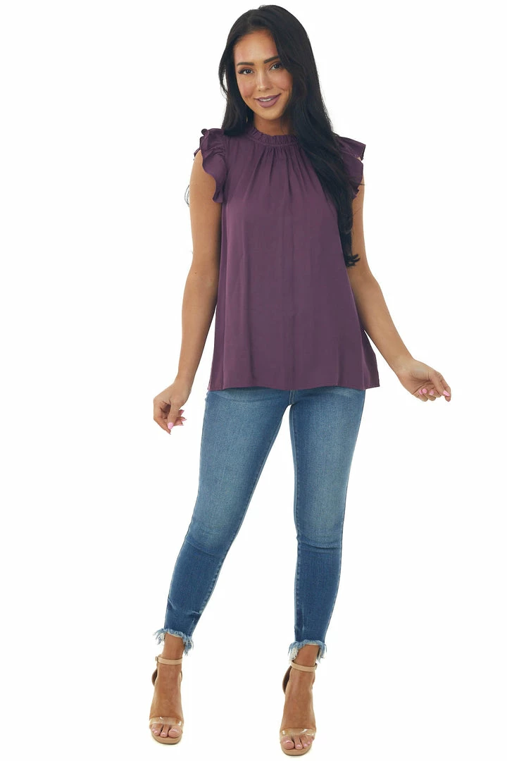 FSL APPAREL Plum High Neck Flutter Sleeve Woven Top Tops 5 FSL APPAREL Plum High Neck Flutter Sleeve Woven Top Tops