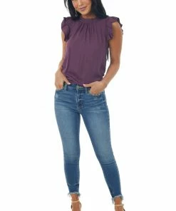 FSL APPAREL Plum High Neck Flutter Sleeve Woven Top Tops 9 FSL APPAREL Plum High Neck Flutter Sleeve Woven Top Tops