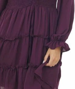 She + Sky Plum Silky Tiered Dress With Smocked Bodice Dresses