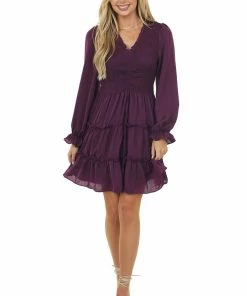 She + Sky Plum Silky Tiered Dress With Smocked Bodice Dresses