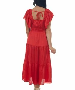 Umgee Pomegranate V Neck Ruffle Sleeve Tiered Midi Dress