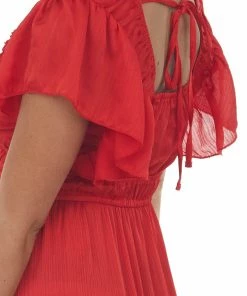 Umgee Pomegranate V Neck Ruffle Sleeve Tiered Midi Dress