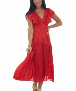 Umgee Pomegranate V Neck Ruffle Sleeve Tiered Midi Dress