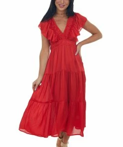 Umgee Pomegranate V Neck Ruffle Sleeve Tiered Midi Dress