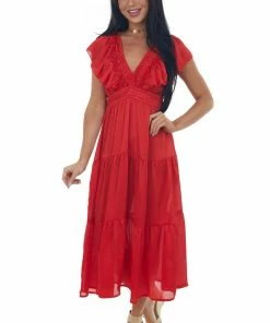 Umgee Pomegranate V Neck Ruffle Sleeve Tiered Midi Dress