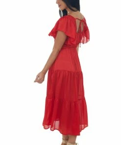 Umgee Pomegranate V Neck Ruffle Sleeve Tiered Midi Dress