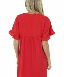 Andree Dresses Pomegranate V Neck Short Sleeve Woven Short Dress 12 Andree Dresses Pomegranate V Neck Short Sleeve Woven Short Dress