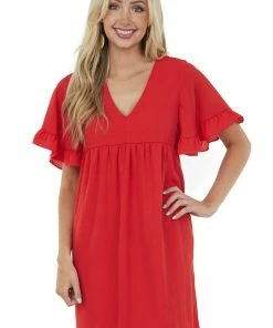 Andree Dresses Pomegranate V Neck Short Sleeve Woven Short Dress