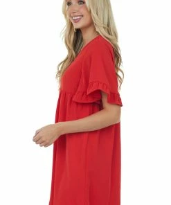 Andree Dresses Pomegranate V Neck Short Sleeve Woven Short Dress 11 Andree Dresses Pomegranate V Neck Short Sleeve Woven Short Dress
