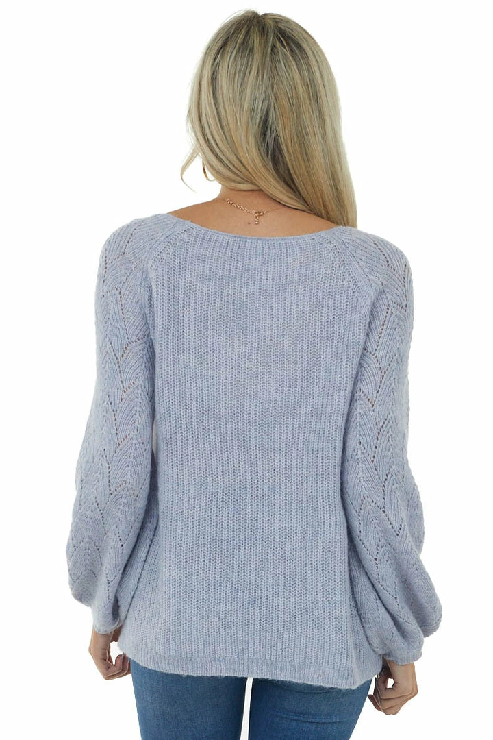 Andree Powder Bishop Sleeve Fuzzy Pointelle Sweater Tops 7 Andree Powder Bishop Sleeve Fuzzy Pointelle Sweater Tops