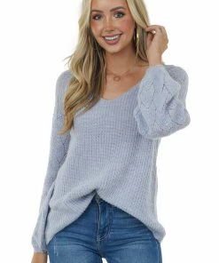 Andree Powder Bishop Sleeve Fuzzy Pointelle Sweater Tops