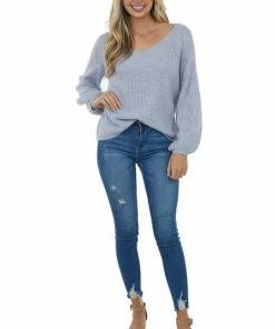 Andree Powder Bishop Sleeve Fuzzy Pointelle Sweater Tops