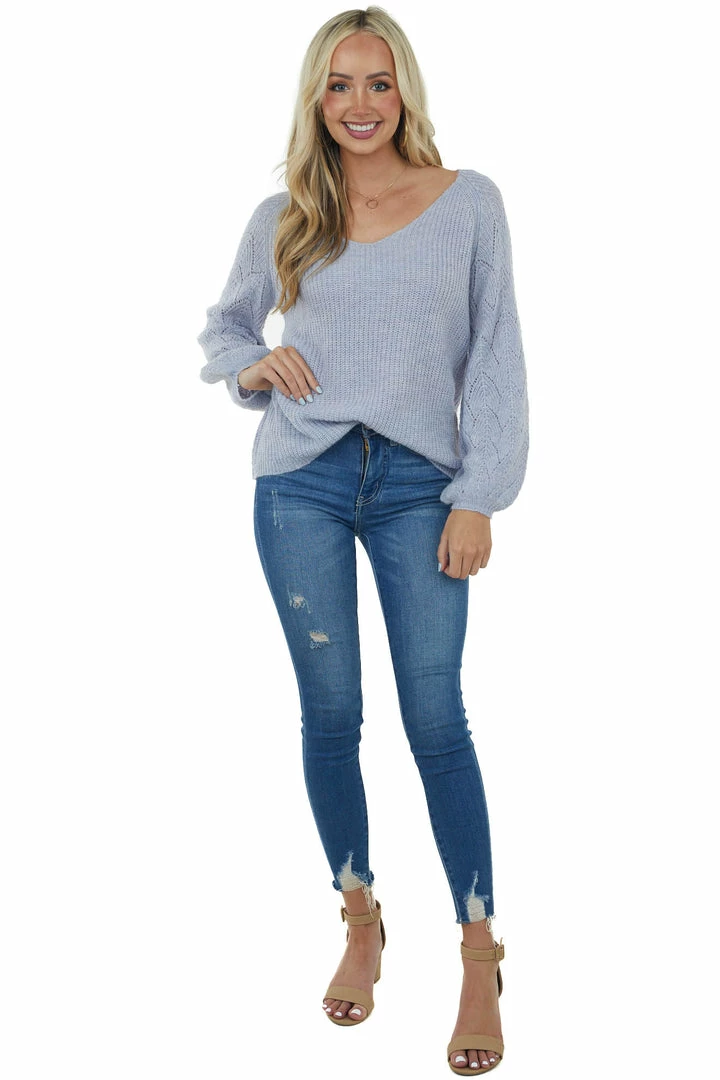 Andree Powder Bishop Sleeve Fuzzy Pointelle Sweater Tops 4 Andree Powder Bishop Sleeve Fuzzy Pointelle Sweater Tops