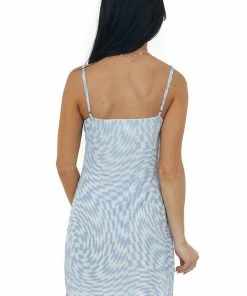 LE LIS Powder Blue Abstract Print V Neck Mini Dress