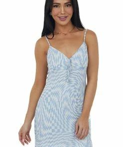 LE LIS Powder Blue Abstract Print V Neck Mini Dress