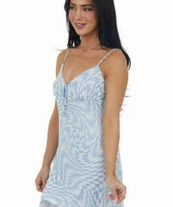 LE LIS Powder Blue Abstract Print V Neck Mini Dress