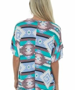 HEIMISH Powder Blue Aztec Print Ruffled Sleeve Top Tops