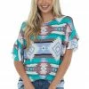 HEIMISH Powder Blue Aztec Print Ruffled Sleeve Top Tops