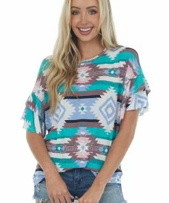 HEIMISH Powder Blue Aztec Print Ruffled Sleeve Top Tops
