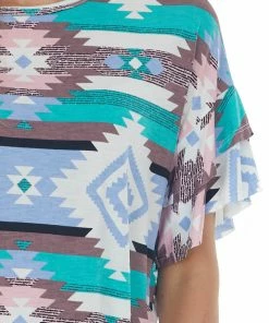 HEIMISH Powder Blue Aztec Print Ruffled Sleeve Top Tops
