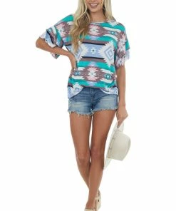 HEIMISH Powder Blue Aztec Print Ruffled Sleeve Top Tops